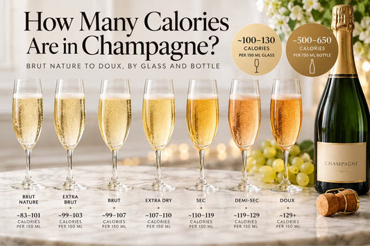 Champagne calorie guide from Brut Nature to Doux with calories per glass and bottle.
