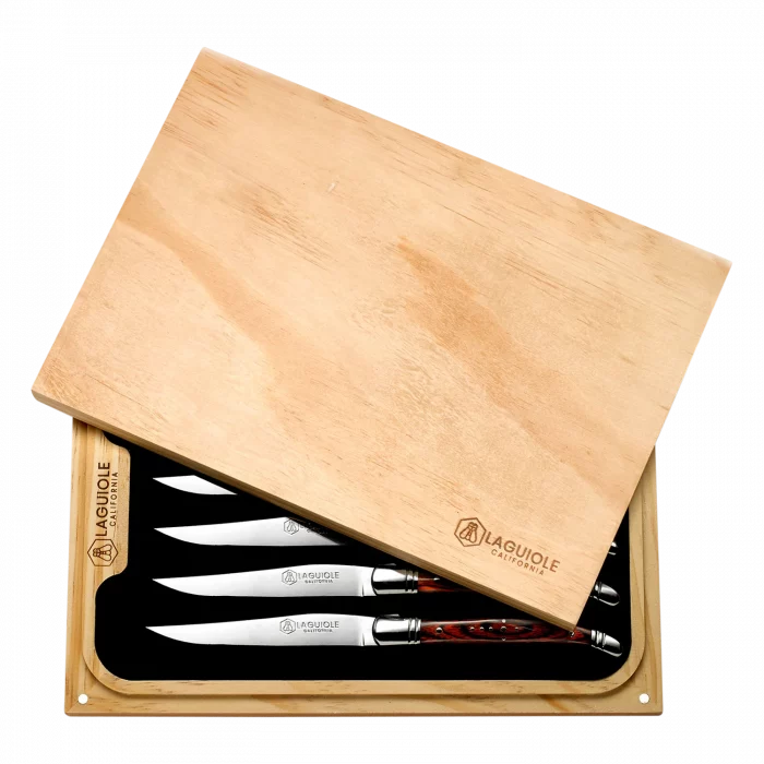 Laguiole California Steak Knives - 6 Piece Rosewood Set - Ergonomic Handles  - Stored in a California Oakwood Gift Box - Extremely Sharp Straight Steel